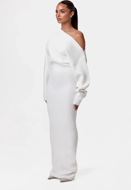 one shoulder sweater dress Olivia One Shoulder Midi Sweaterdress Black Red / L